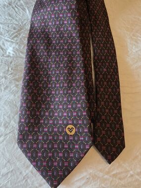 Valentino Navy Tie with Pink and Gold Geometric Pattern